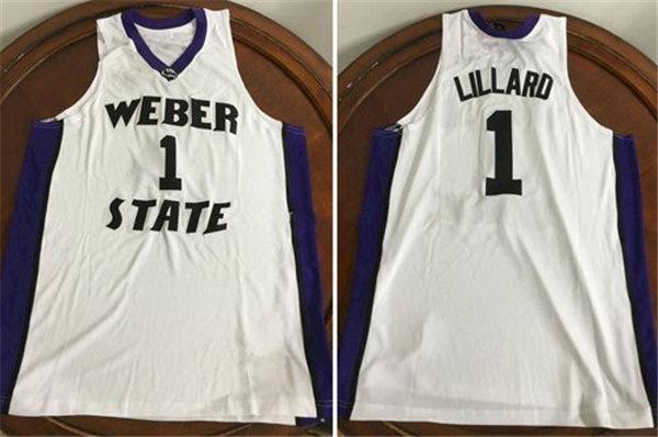 Mens Weber State Wildcats #1 Damian Lillard White Throwback College Basketball Game Jersey 