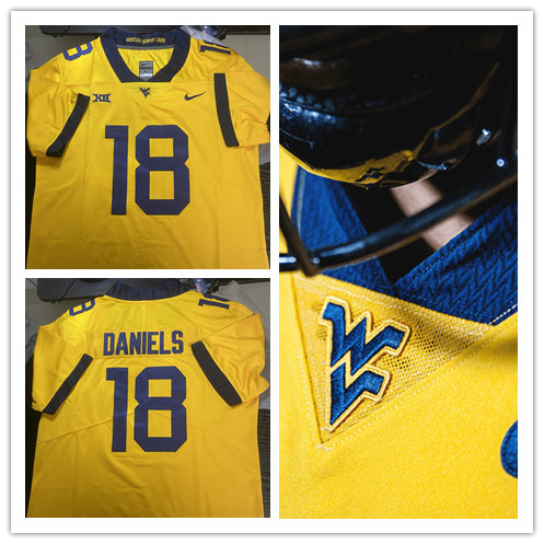Mens West Virginia Mountaineers #18 JT Daniels Gold College Football Game Jersey 