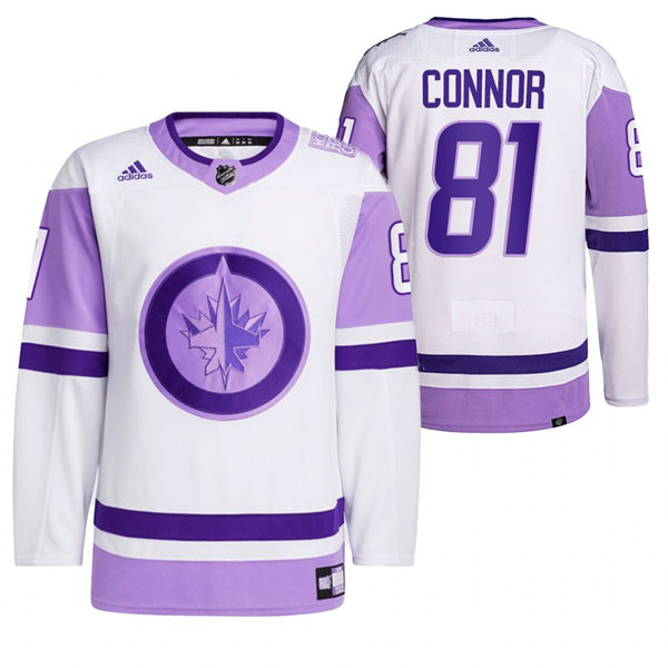 Mens Winnipeg Jets #81 Kyle Connor 2021-22 White Purple Hockey Fights Cancer Primegreen Jersey Stitched