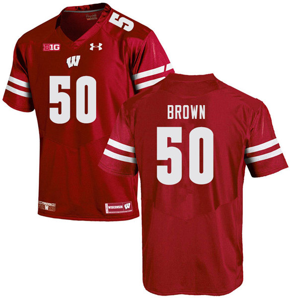 Mens Wisconsin Badger #50 Logan Brown Under Armour Red College Football Game Jersey