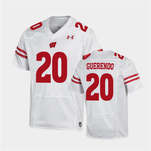 Mens Wisconsin Badgers #20 Isaac Guerendo White Stitched Under Armour College Football Jersey