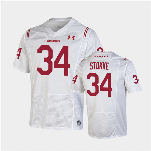 Mens Wisconsin Badgers #34 Mason Stokke Under Armour White 2021 SHAMROCK SERIES Football Jersey 
