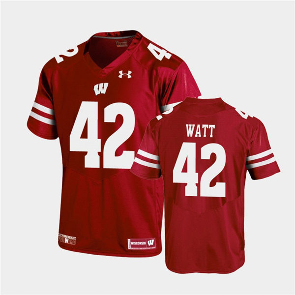 Mens Wisconsin Badgers #42 TJ. Watt Red Stitched Under Armour College Football Jersey