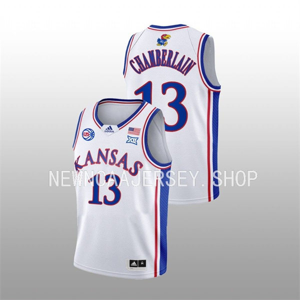 Mens Youth Kansas Jayhawks #13 Wilt Chamberlain 2022-23 White 125TH Anniversary Basketball Jersey 