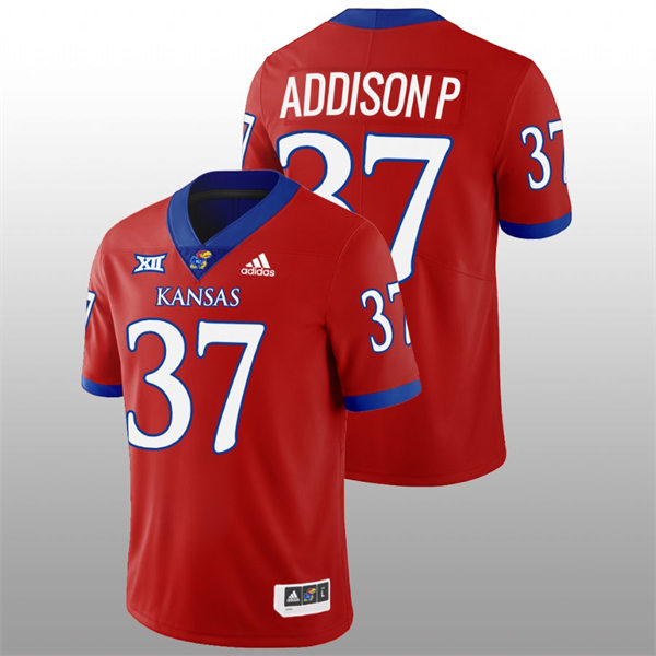 Mens Youth Kansas Jayhawks #37 Grayden Addison P Adidas Red College Football Game Jersey 