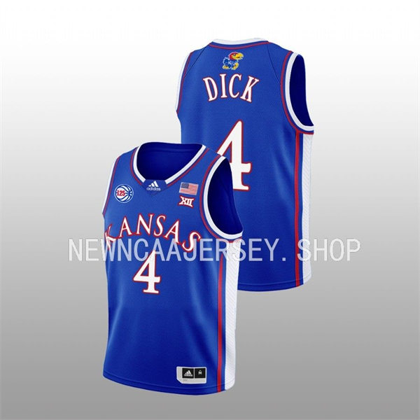Mens Youth Kansas Jayhawks #4 Gradey Dick 2022-23 Royal 125TH Anniversary Basketball Jersey 