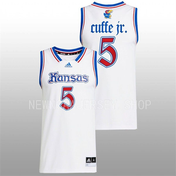 Mens Youth Kansas Jayhawks #5 Kyle Cuffe Jr. 2022-23 White THE PHOG Basketball Limited Jersey