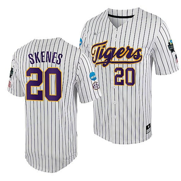 Mens Youth LSU Tigers #20 Paul Skenes Nike White Pinstripe 2023 College Baseball World Series Jersey