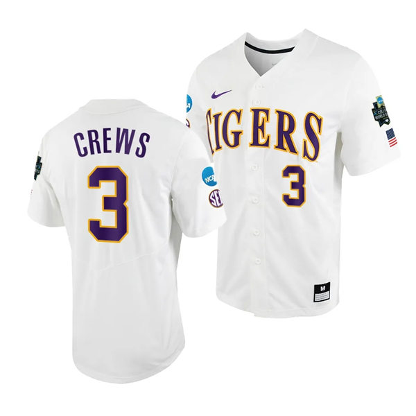 Mens Youth LSU Tigers #3 Dylan Crews White 2023 College Baseball World Series Jersey