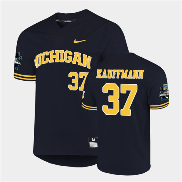 Mens Youth Michigan Wolverines #37 Karl Kauffmann 2019 NCAA Baseball College World Series Jersey Navy two-Button Jerseys