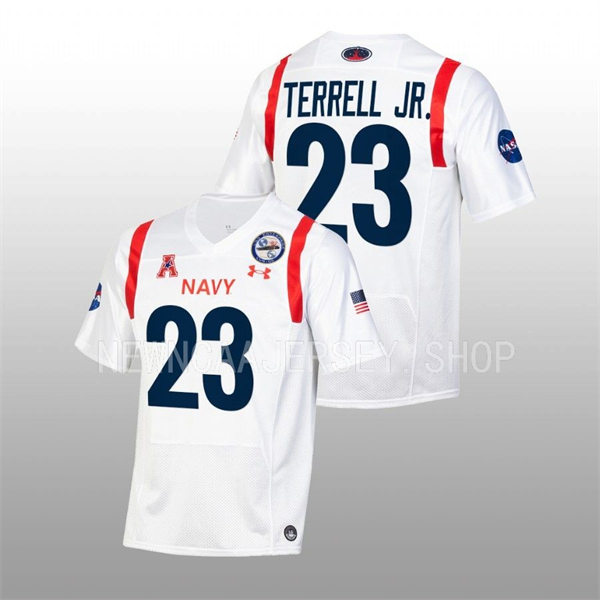Mens Youth Navy Midshipmen #23 Vincent Terrell Jr. 2022 White astronaut-themed alternate Football Jersey 