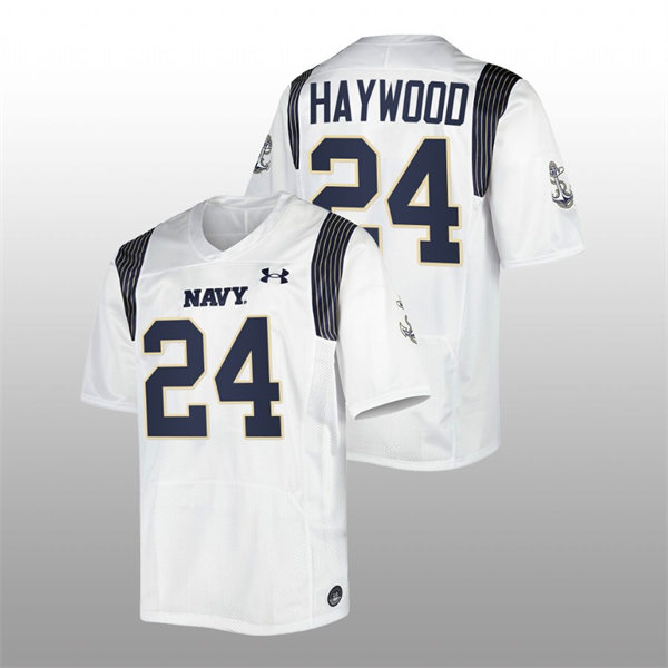 Mens Youth Navy Midshipmen #24 Maquel Haywood 2022 White College Football Game Jersey 