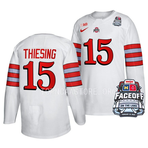 Mens Youth Ohio State Buckeyes #15 Cam Thiesing Nike White FACEOFF ON THE LAKE UNIFORM Hockey Jersey
