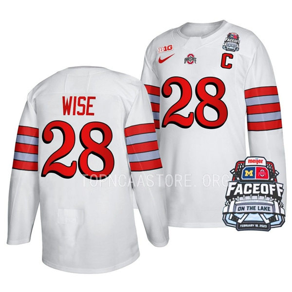 Mens Youth Ohio State Buckeyes #28 Jake Wise Nike White FACEOFF ON THE LAKE UNIFORM Hockey Jersey