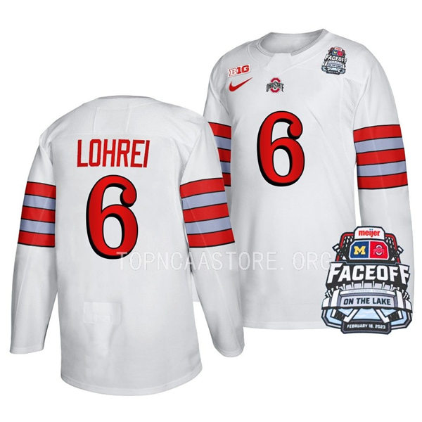 Mens Youth Ohio State Buckeyes #6 Mason Lohrei Nike White FACEOFF ON THE LAKE UNIFORM Hockey Jersey