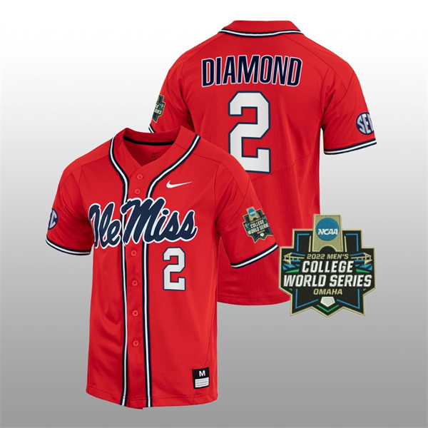 Mens Youth Ole Miss Rebels #2 Derek Diamond Red 2022 College Baseball World Series Champions Jersey