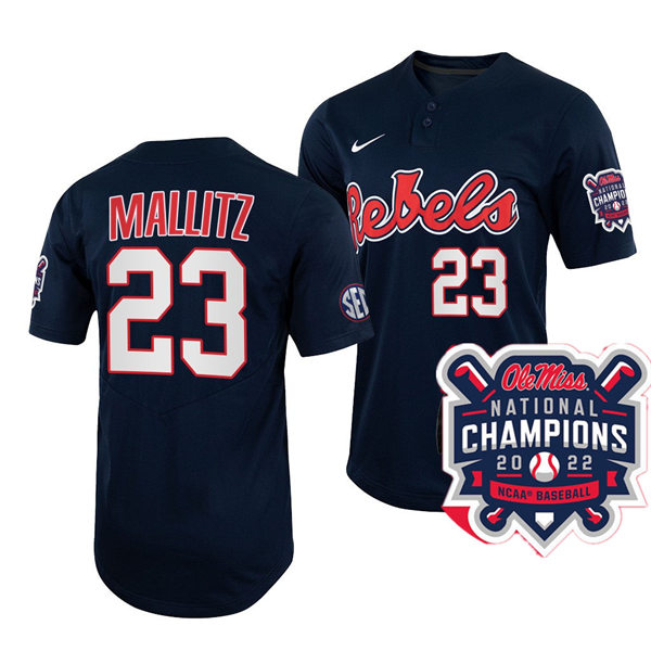Mens Youth Ole Miss Rebels #23 Josh Mallitz Navy 2022 College Baseball World Series Champions Jersey 