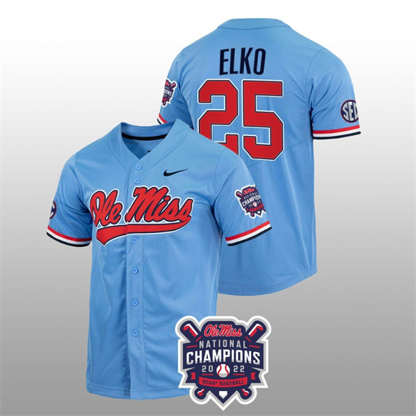 Mens Youth Ole Miss Rebels #25 Tim Elko Powder Blue 2022 College Baseball World Series Champions Jersey
