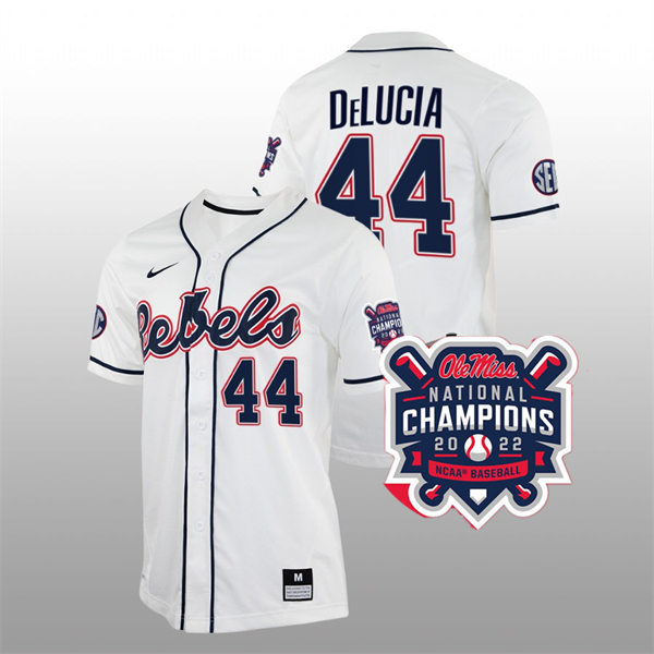Mens Youth Ole Miss Rebels #44 Dylan DeLucia White 2022 College Baseball World Series Champions Jersey 