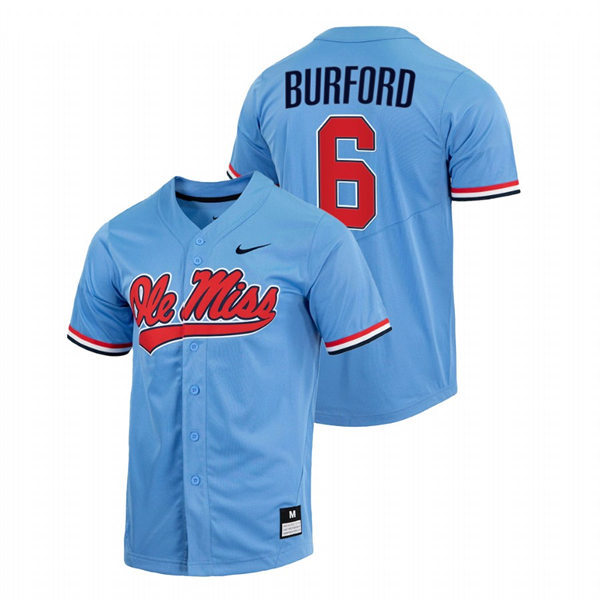 Mens Youth Ole Miss Rebels #6 Reagan Burford Powder Blue College Baseball Game Jersey