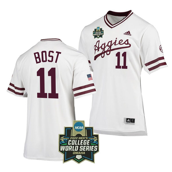 Mens Youth Texas A&M Aggies #11 Austin Bost 2022 College World Series Baseball Jersey White Pullover 