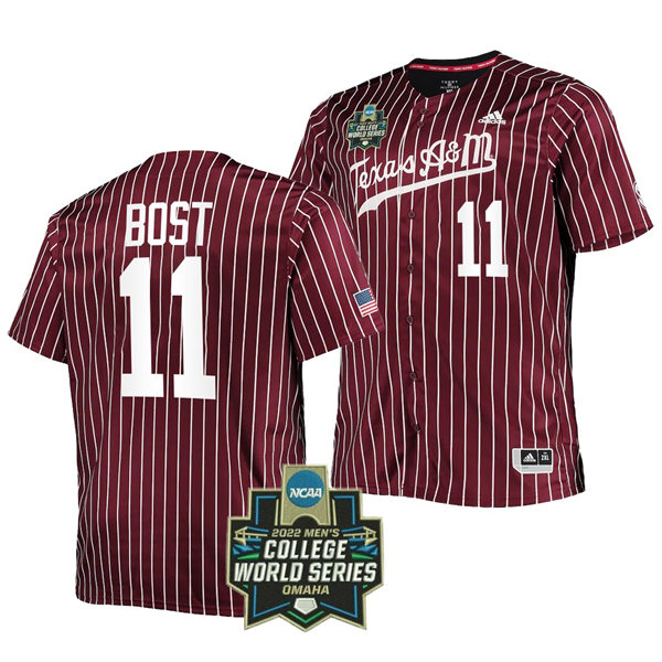 Mens Youth Texas A&M Aggies #11 Austin Bost 2022 Maroon Pinstripe College World Series Baseball Game Jersey 