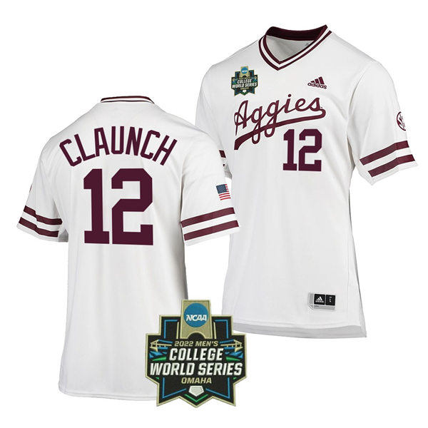 Mens Youth Texas A&M Aggies #12 Troy Claunch 2022 College World Series Baseball Jersey White Pullover 