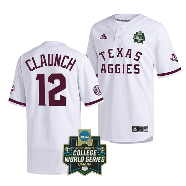 Mens Youth Texas A&M Aggies #12 Troy Claunch 2022 White Pullover College World Series Baseball Game Jersey 