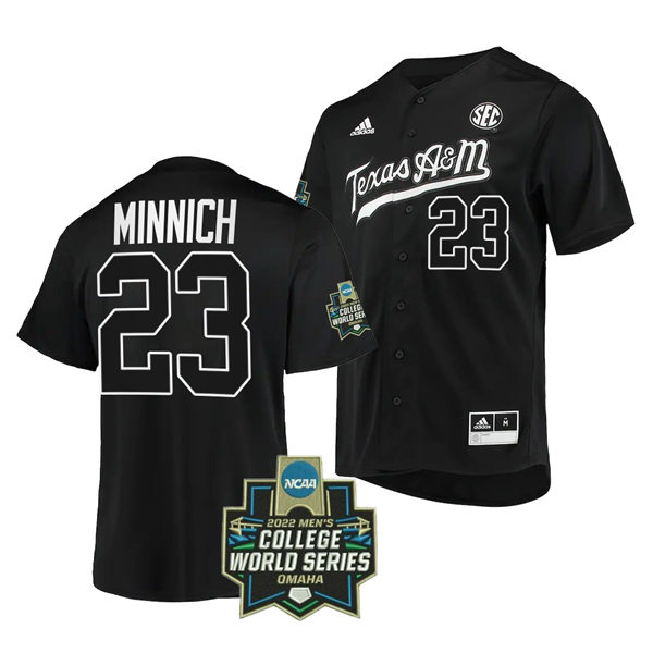 Mens Youth Texas A&M Aggies #23 Brett Minnich 2022 Black under the lights College World Series Baseball Game Jersey 