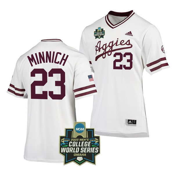 Mens Youth Texas A&M Aggies #23 Brett Minnich 2022 College World Series Baseball Jersey White Pullover 