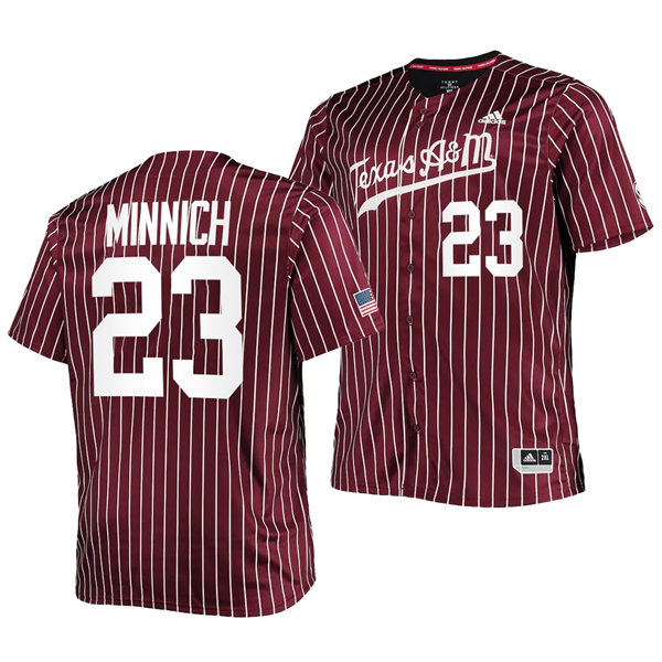 Mens Youth Texas A&M Aggies #23 Brett Minnich 2022 Maroon Pinstripe College Baseball Game Jersey 