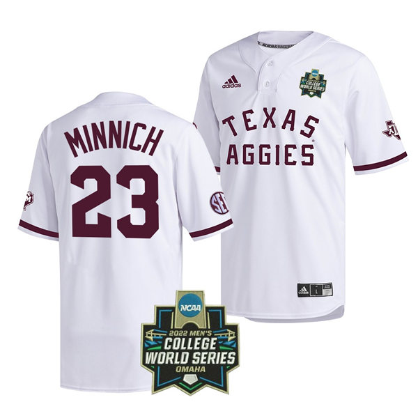 Mens Youth Texas A&M Aggies #23 Brett Minnich 2022 White Pullover College World Series Baseball Game Jersey 