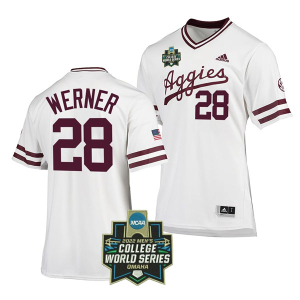 Mens Youth Texas A&M Aggies #28 Trevor Werner 2022 College World Series Baseball Jersey White Pullover 