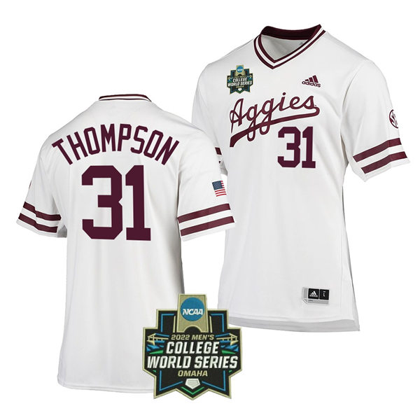 Mens Youth Texas A&M Aggies #31 Jordan Thompson 2022 College World Series Baseball Jersey White Pullover 