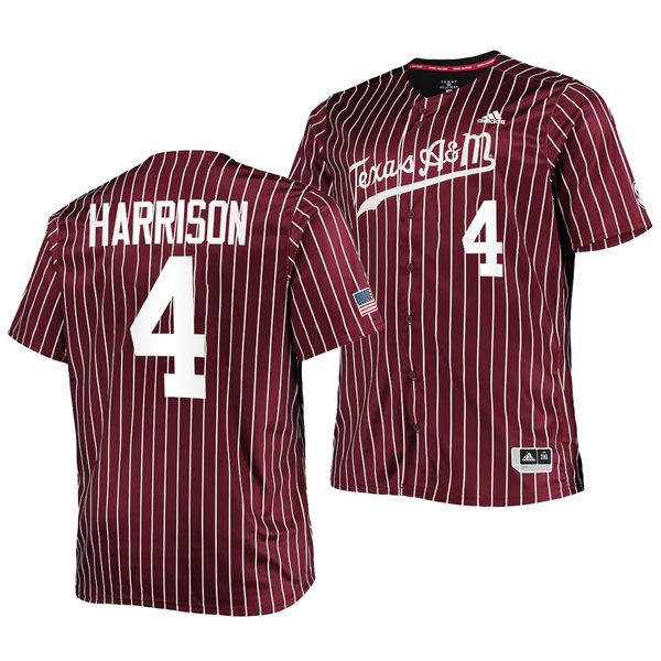 Mens Youth Texas A&M Aggies #4 Kalae Harrison 2022 Maroon Pinstripe College Baseball Game Jersey 