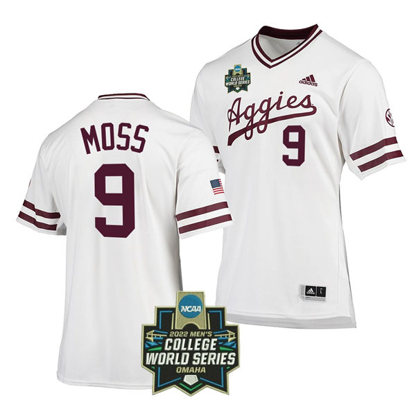 Mens Youth Texas A&M Aggies #9 Jack Moss 2022 College World Series Baseball Jersey White Pullover 