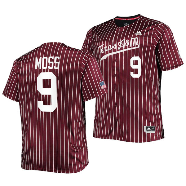 Mens Youth Texas A&M Aggies #9 Jack Moss 2022 Maroon Pinstripe College Baseball Game Jersey 