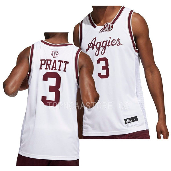 Mens Youth Texas AM Aggies #3 Erik Pratt Adidas 2022-23 White Aggies College Basketball Game Jersey 