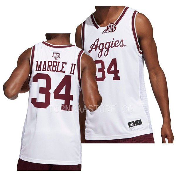 Mens Youth Texas AM Aggies #34 Julius Marble II Adidas 2022-23 White Aggies College Basketball Game Jersey 