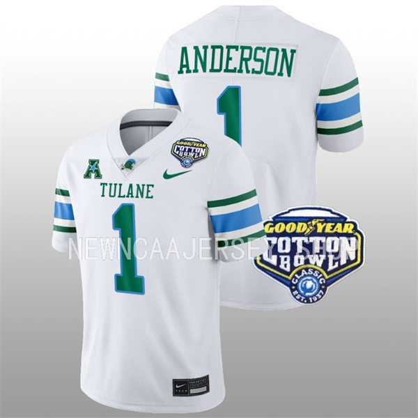 Mens Youth Tulane Green Wave #1 Nick Anderson College Football 2022 Cotton Bowl Game Jersey White 