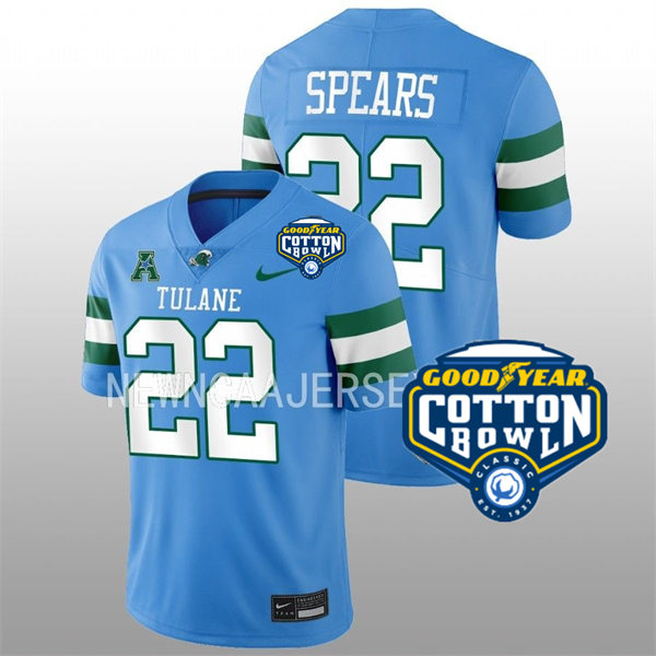 Mens Youth Tulane Green Wave #22 Tyjae Spears College Football 2022 Cotton Bowl Game Jersey Light Blue 