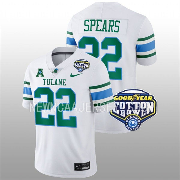 Mens Youth Tulane Green Wave #22 Tyjae Spears College Football 2022 Cotton Bowl Game Jersey White 