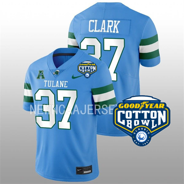Mens Youth Tulane Green Wave #37 Macon Clark College Football 2022 Cotton Bowl Game Jersey Light Blue 
