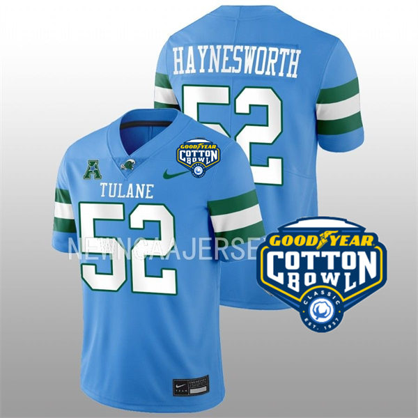 Mens Youth Tulane Green Wave #52 Sincere Haynesworth College Football 2022 Cotton Bowl Game Jersey Light Blue 