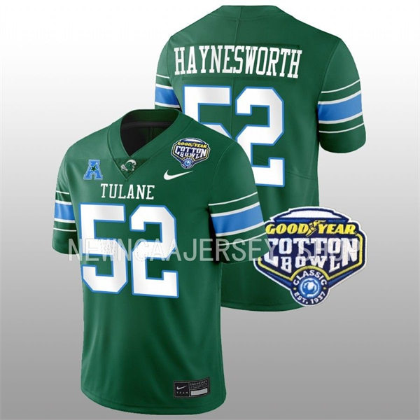 Mens Youth Tulane Green Wave #52 Sincere Haynesworth Green College Football 2022 Cotton Bowl Game Jersey 