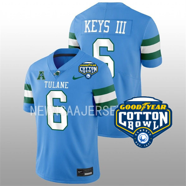 Mens Youth Tulane Green Wave #6 Lawrence Keys III College Football 2022 Cotton Bowl Game Jersey Light Blue 