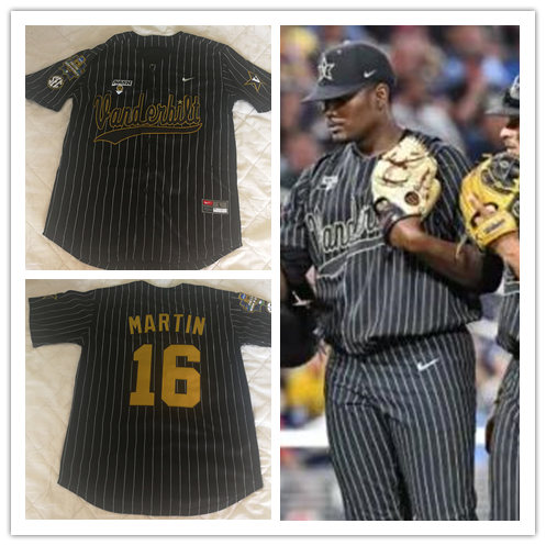 Mens Youth Vanderbilt Commodores #16 Austin Martin Diamonds Nike Black Pinstripe College Baseball 