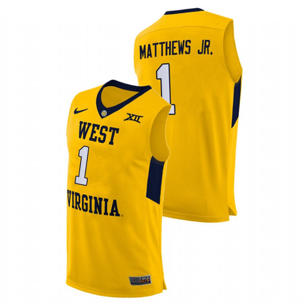 Mens Youth West Virginia Mountaineers #1 Emmitt Matthews Jr. Nike 2018 Gold College Basketball Jersey 