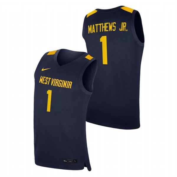 Mens Youth West Virginia Mountaineers #1 Emmitt Matthews Jr. Nike 2022 Navy College Basketball Game Jersey 