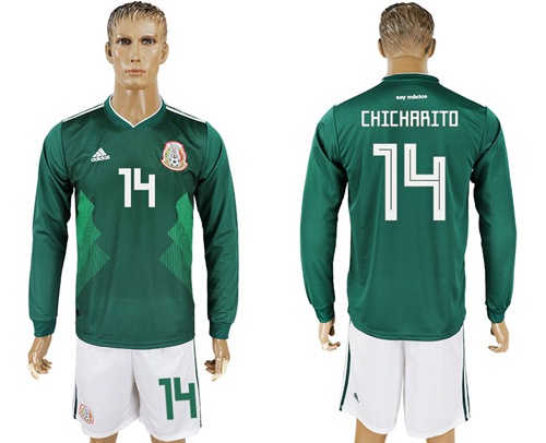Mexico #14 Chicharito Home Long Sleeves Soccer Country Jersey